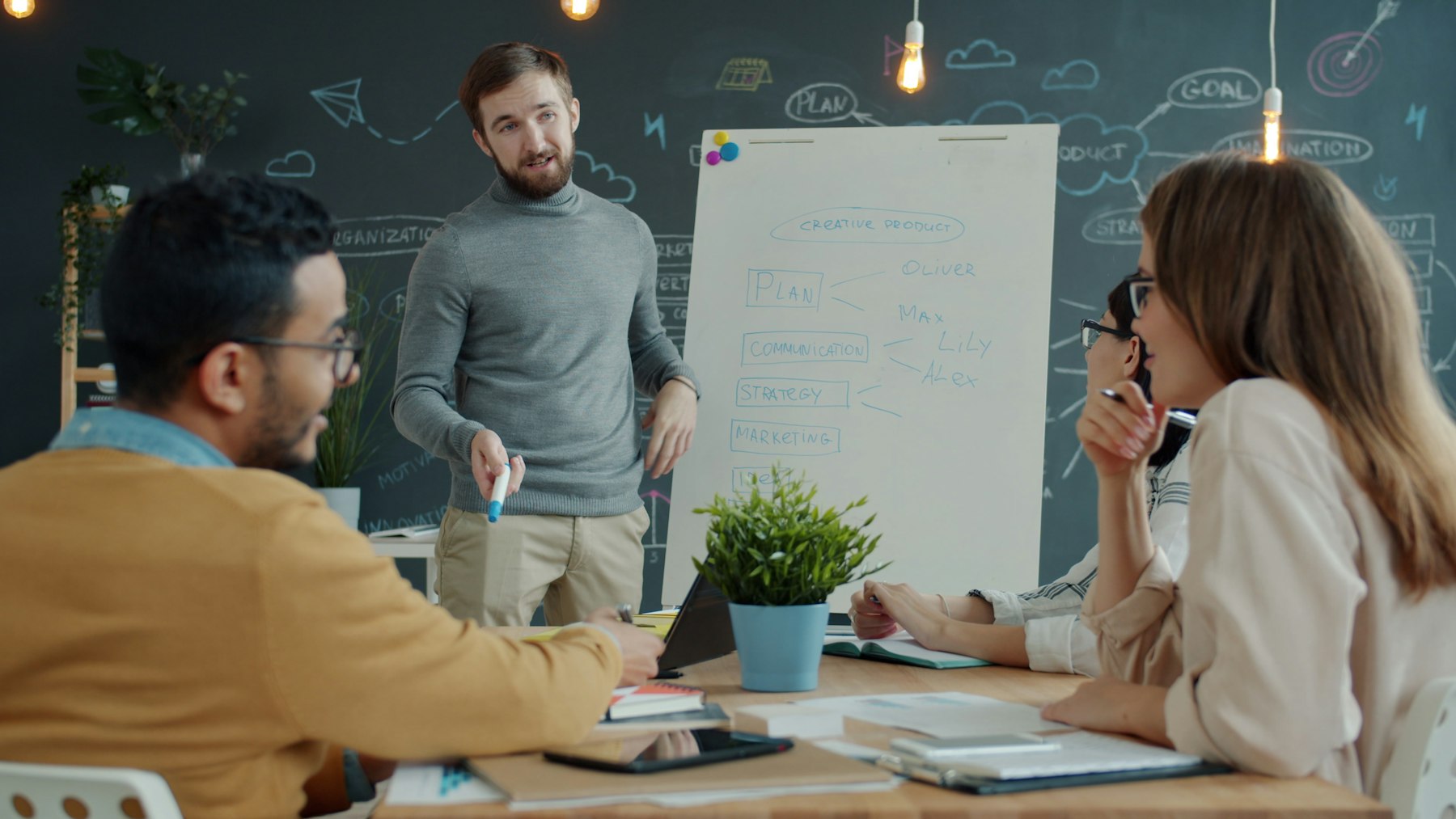 Team presenting a marketing strategy plan on a whiteboard in a creative office