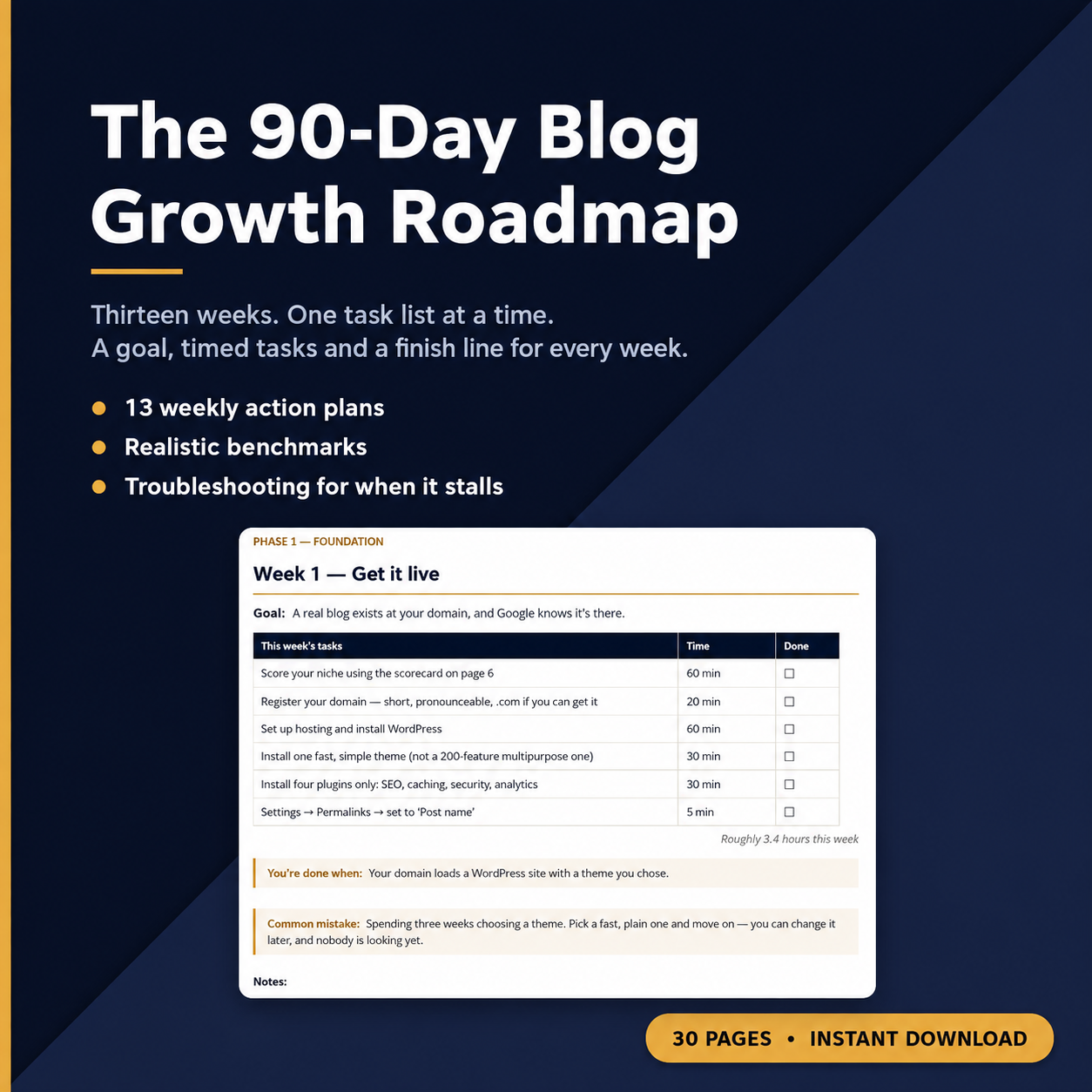 The 90-Day Blog Growth Roadmap cover, showing a sample Week 1 page with goal, tasks, finish line and common mistake