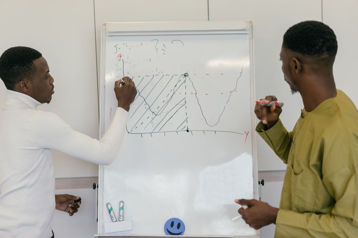 Two colleagues drawing a performance trend chart on a whiteboard during an audit discussion