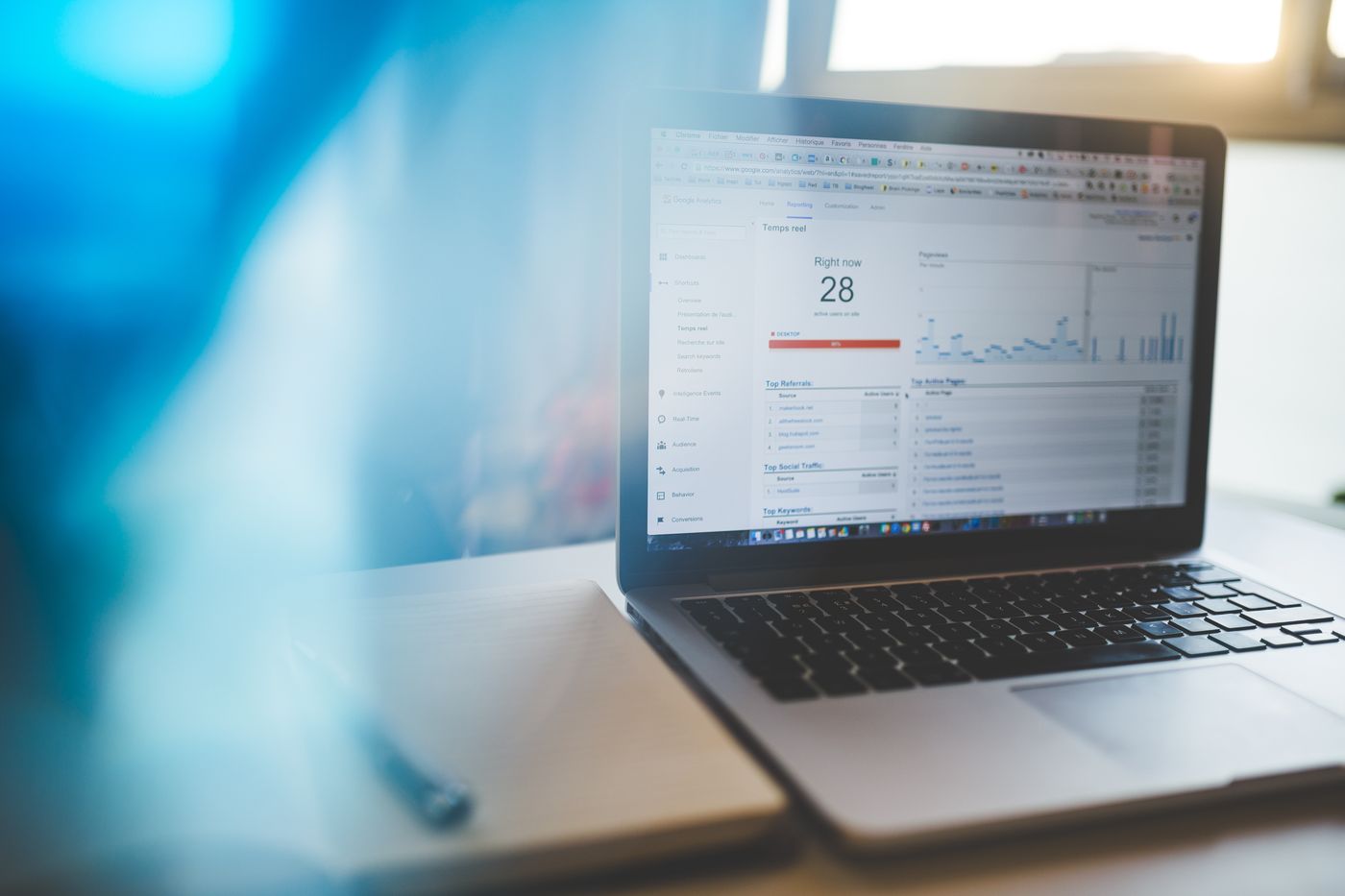 Laptop screen displaying a Google Analytics dashboard with real-time visitor traffic and charts
